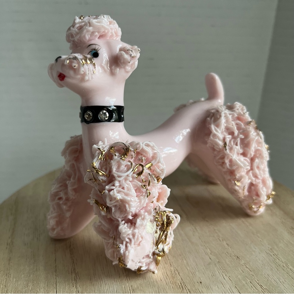 Vintage Lefton Pink Spaghetti Poodle Black Rhinestone Collar